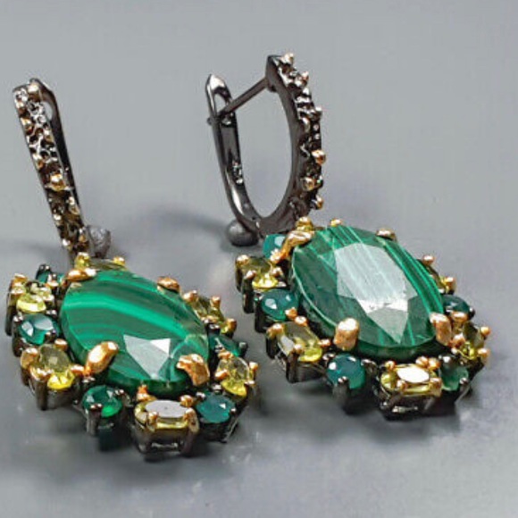 Royal Genuine Malachite Earrings with Gemstone Accents - Picture 8 of 14
